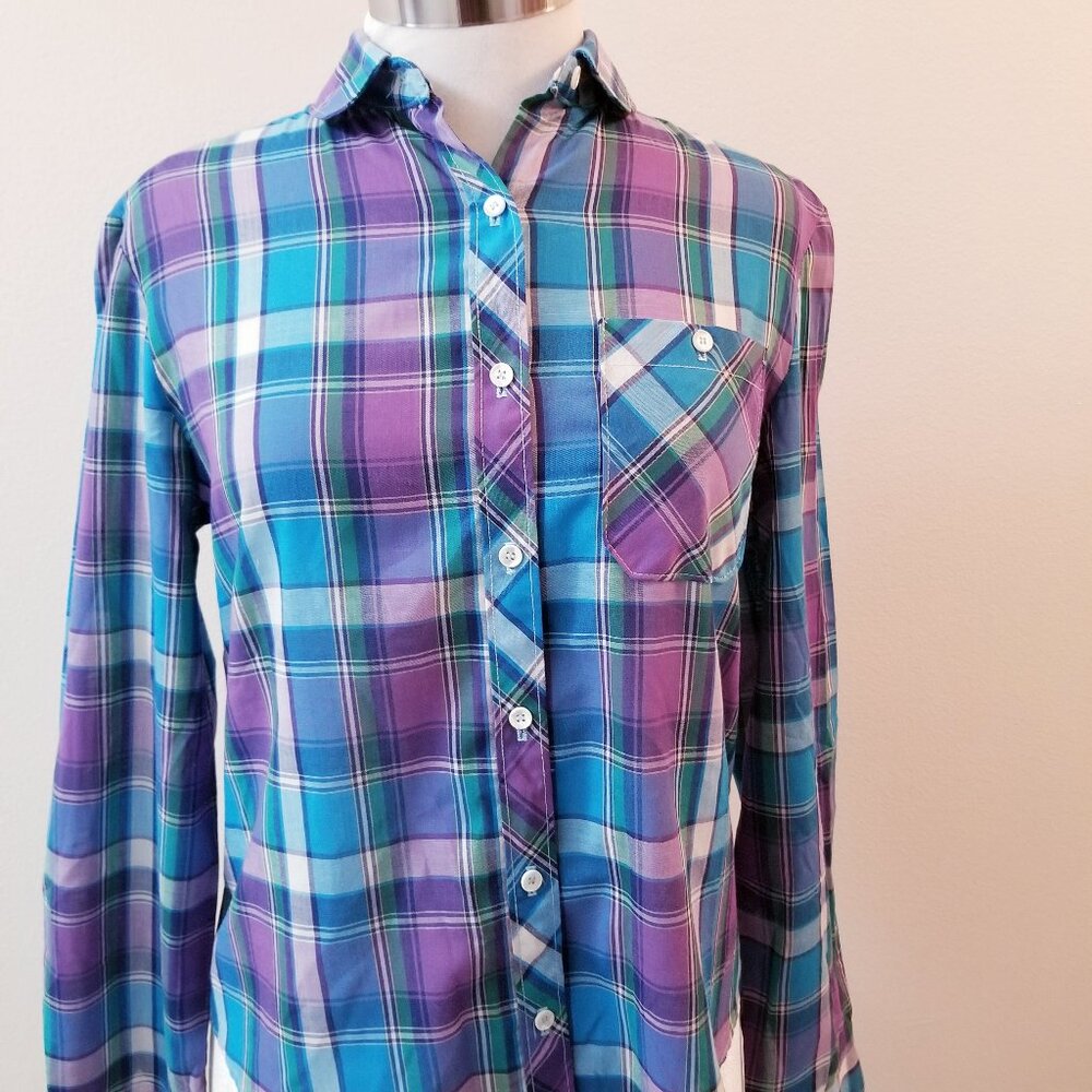 80s Vintage Rrrrruss Plaid Button Front Blouse